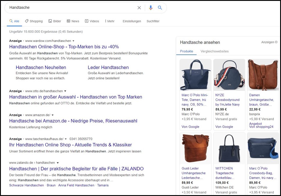 Google-Werbung: Screenshot Sucheingabe Handtasche Shoppinganzeigen