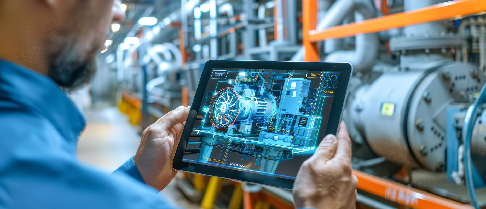 Anlagenmechaniker mit Tablet vor der Anlage - Screen zeigt einen digitalen Zwilling der Anlage